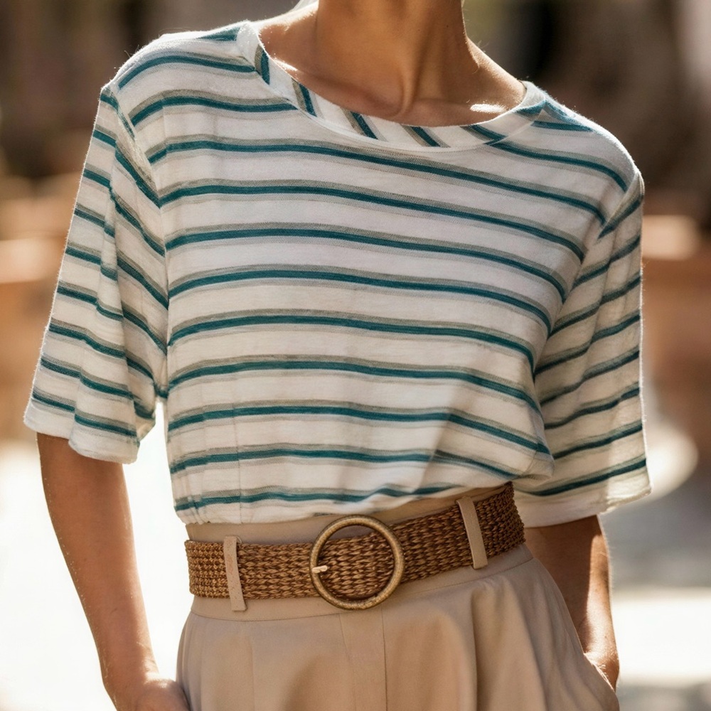 Lane Bryant Blue, Gold and White Striped Short Sleeve Top